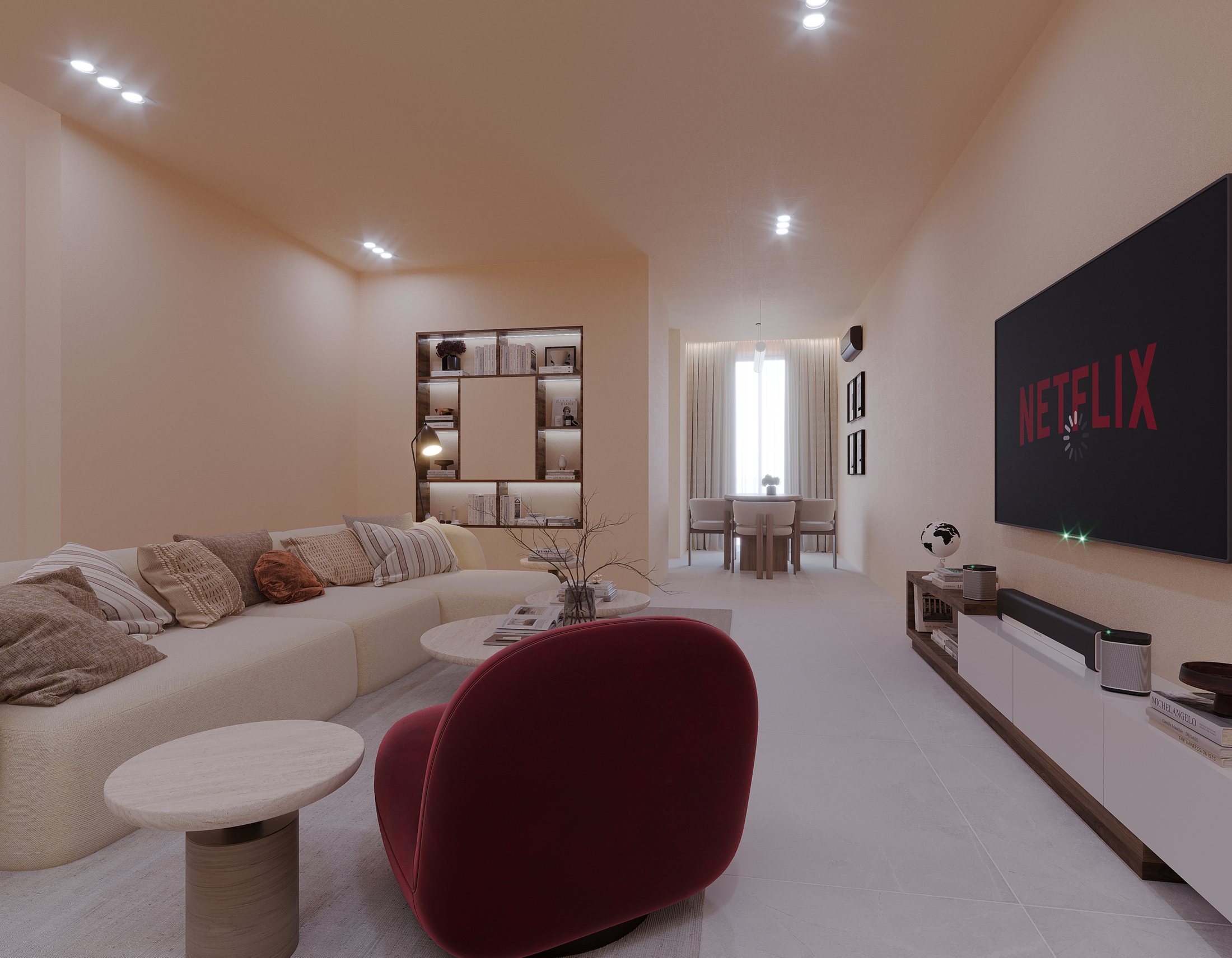Contemporary interior visualisation with warm materials and considered lighting